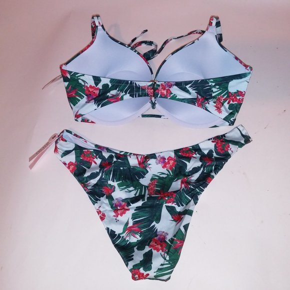 Victoria Secret Swim Bikini 38D Top XL Bottom Blue Green Leaves Bombshell Push U - Picture 9 of 10